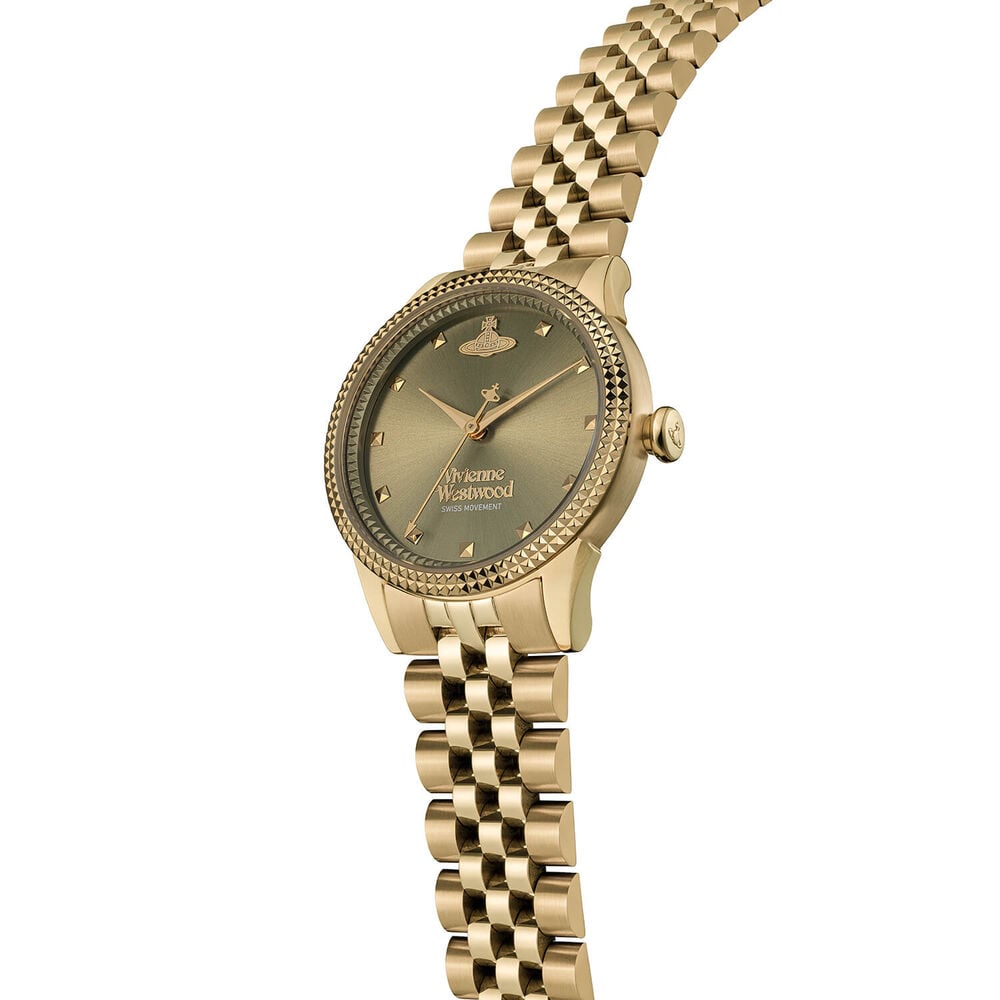 Gold Vivienne Westwood watch with a link bracelet.
