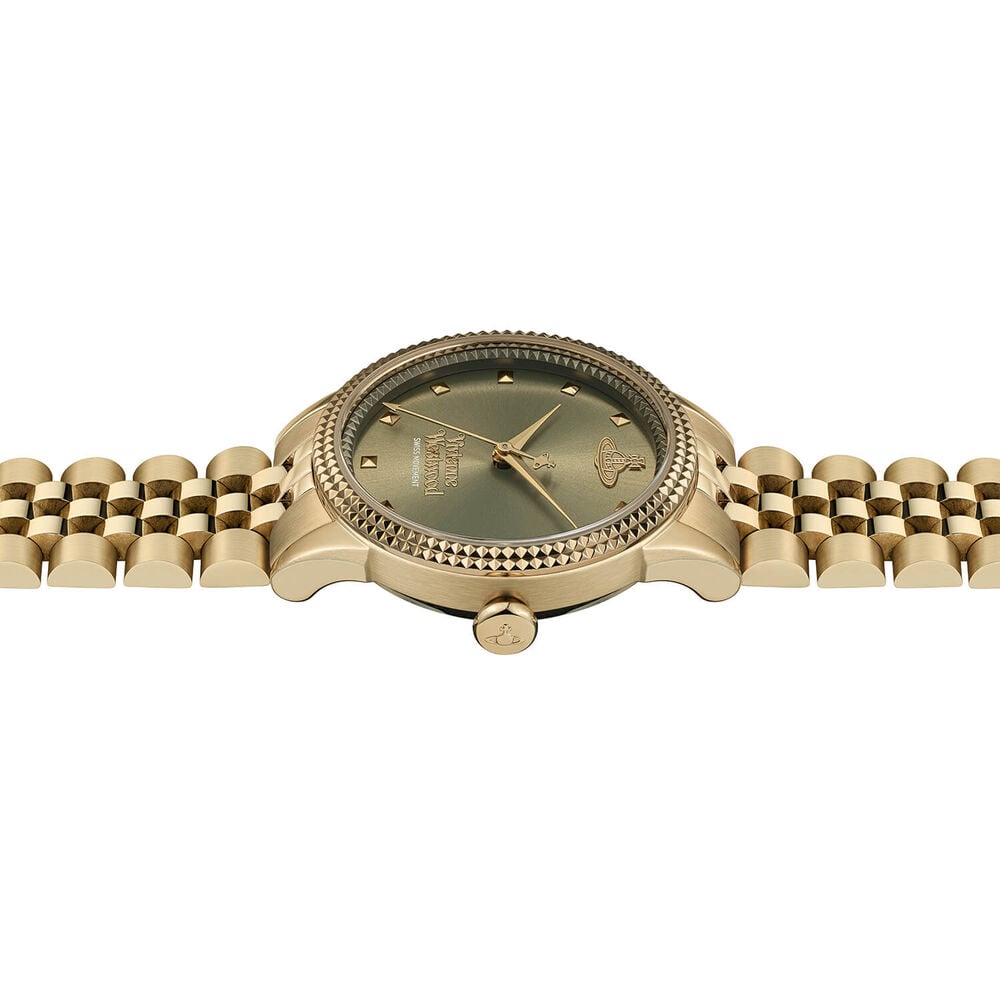 Gold Vivienne Westwood watch with green face.
