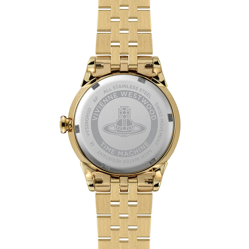 Close-up back view of a gold Vivienne Westwood watch.