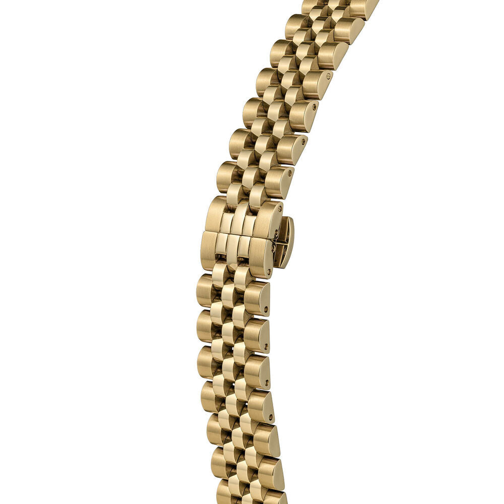 Gold metal watch band.
