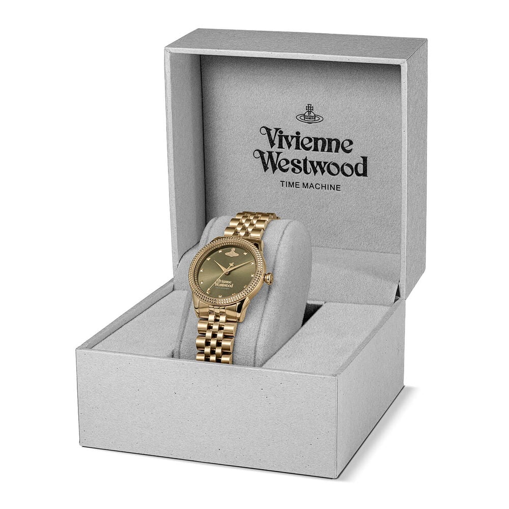Gold watch in an open Vivienne Westwood box.
