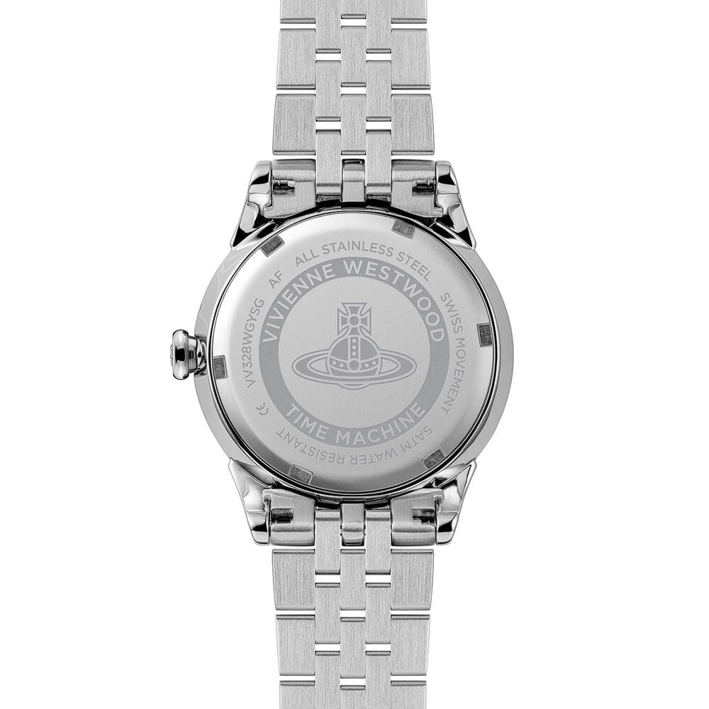 Back of a silver Vivienne Westwood watch.
