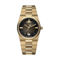 Gold Vivienne Westwood watch with black face.