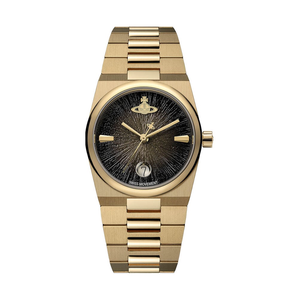Gold Vivienne Westwood watch with black face.