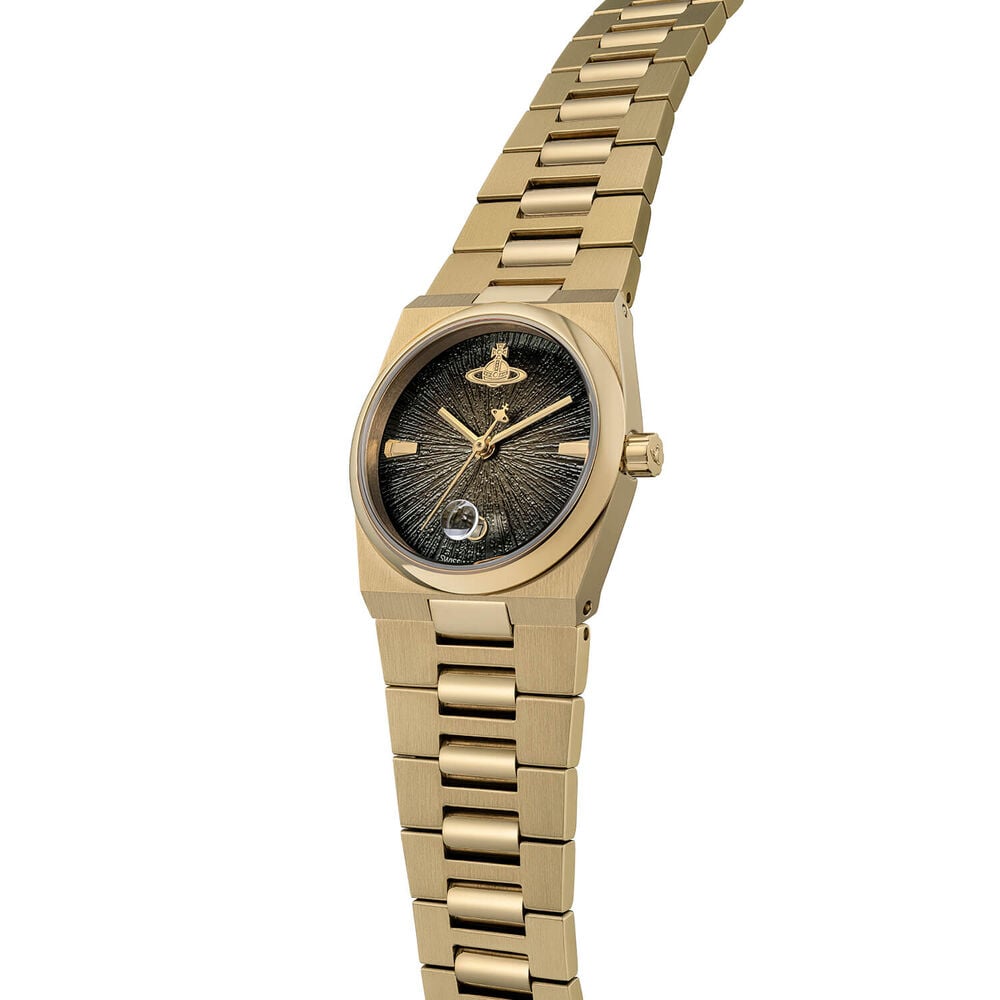 Gold Vivienne Westwood watch with a textured black face and a gold-colored metal band.