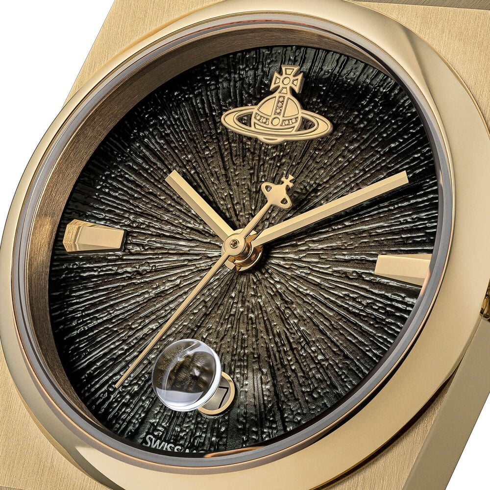 Close-up of a gold wristwatch with a textured black face and gold accents.