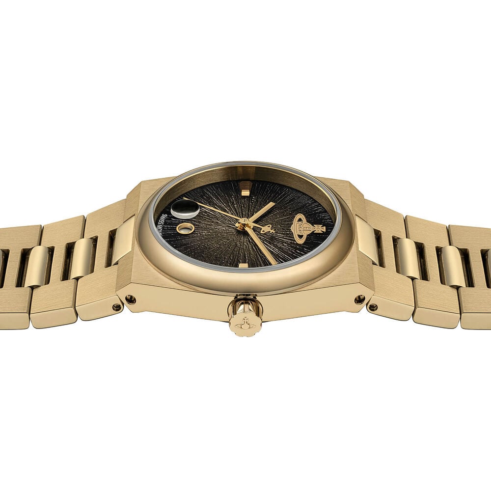 Gold wristwatch with a dark face.