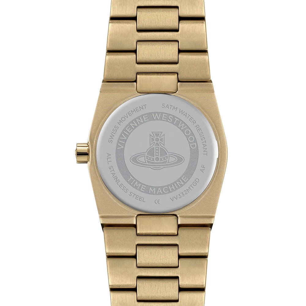 Close-up of a gold Vivienne Westwood Time Machine watch with a silver back.