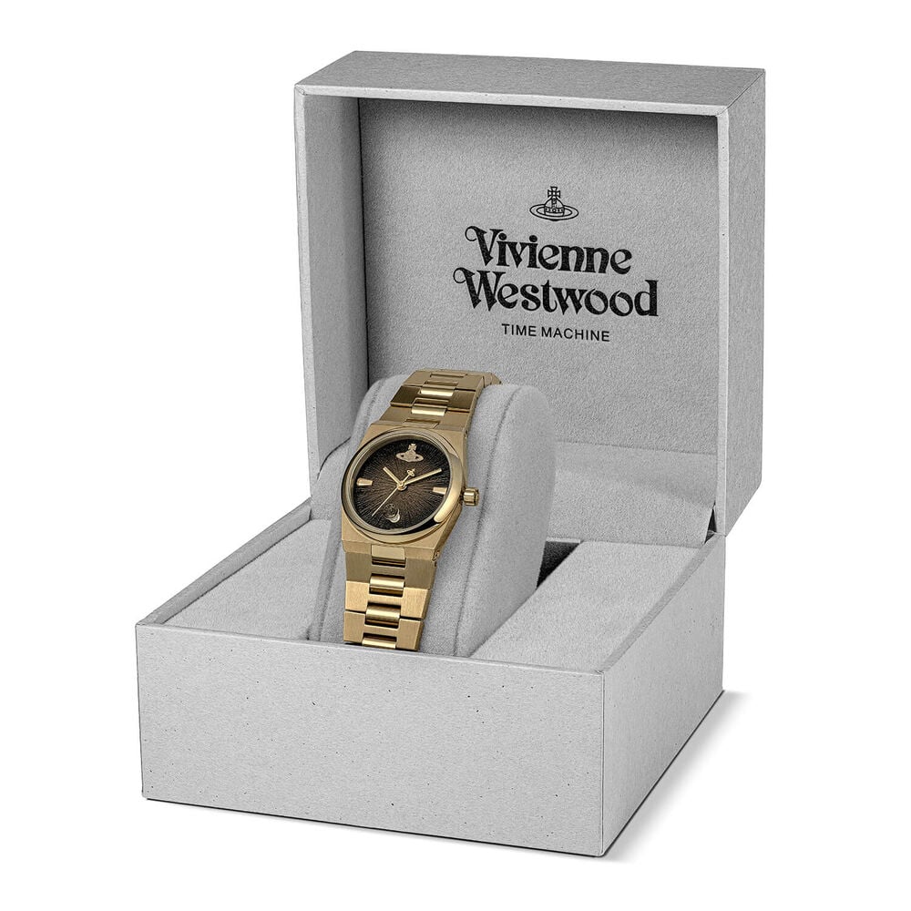 Gold Vivienne Westwood watch in gray box.