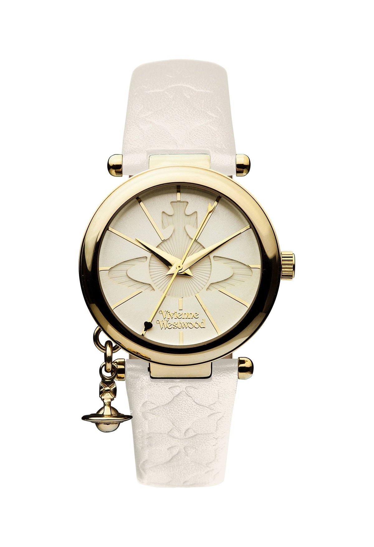 Close-up of the Vivienne Westwood Orb II watch face showing the logo, gold hands, and charm.