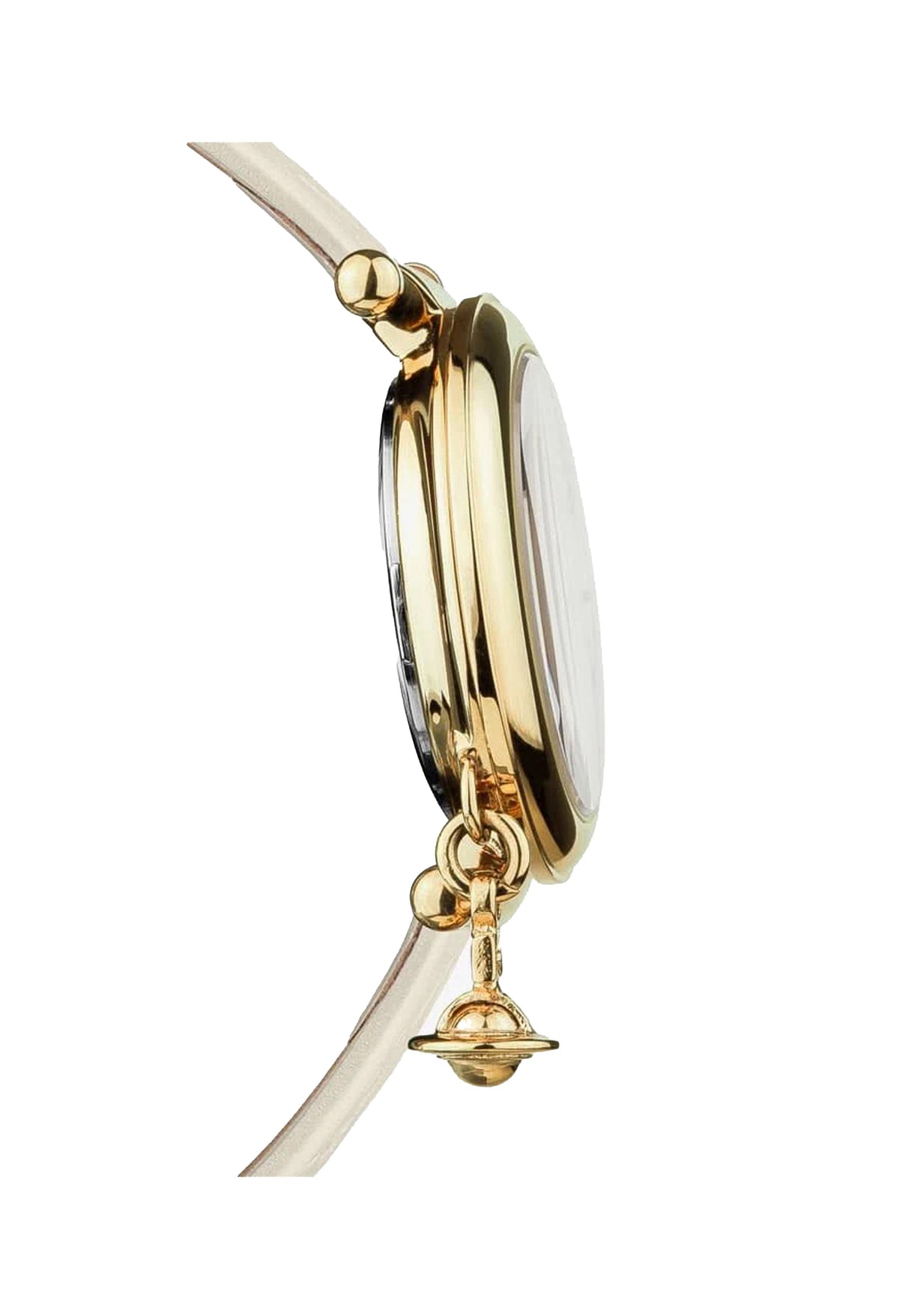 Close-up of the Vivienne Westwood Orb II watch, showcasing the gold tone case and the iconic orb charm detail.