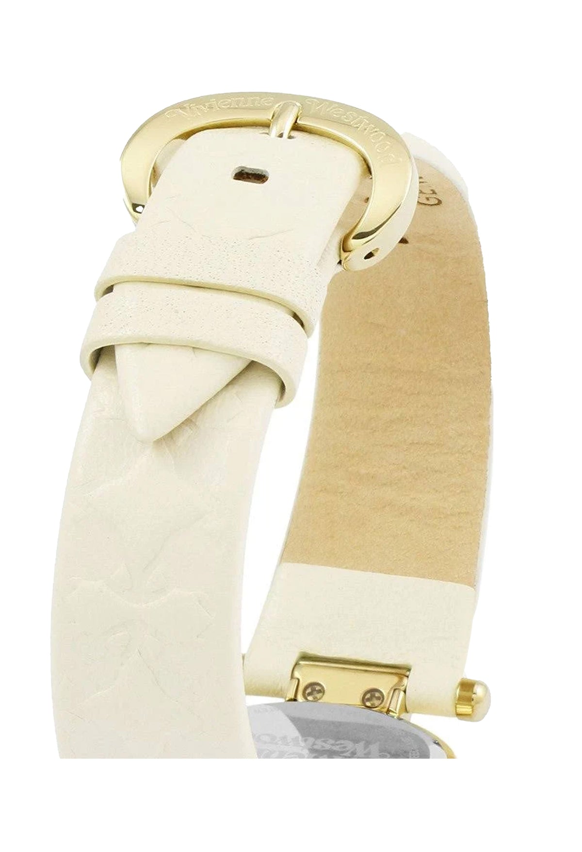 Close-up of the Vivienne Westwood Orb II watch band, showing the buckle and leather texture detail.