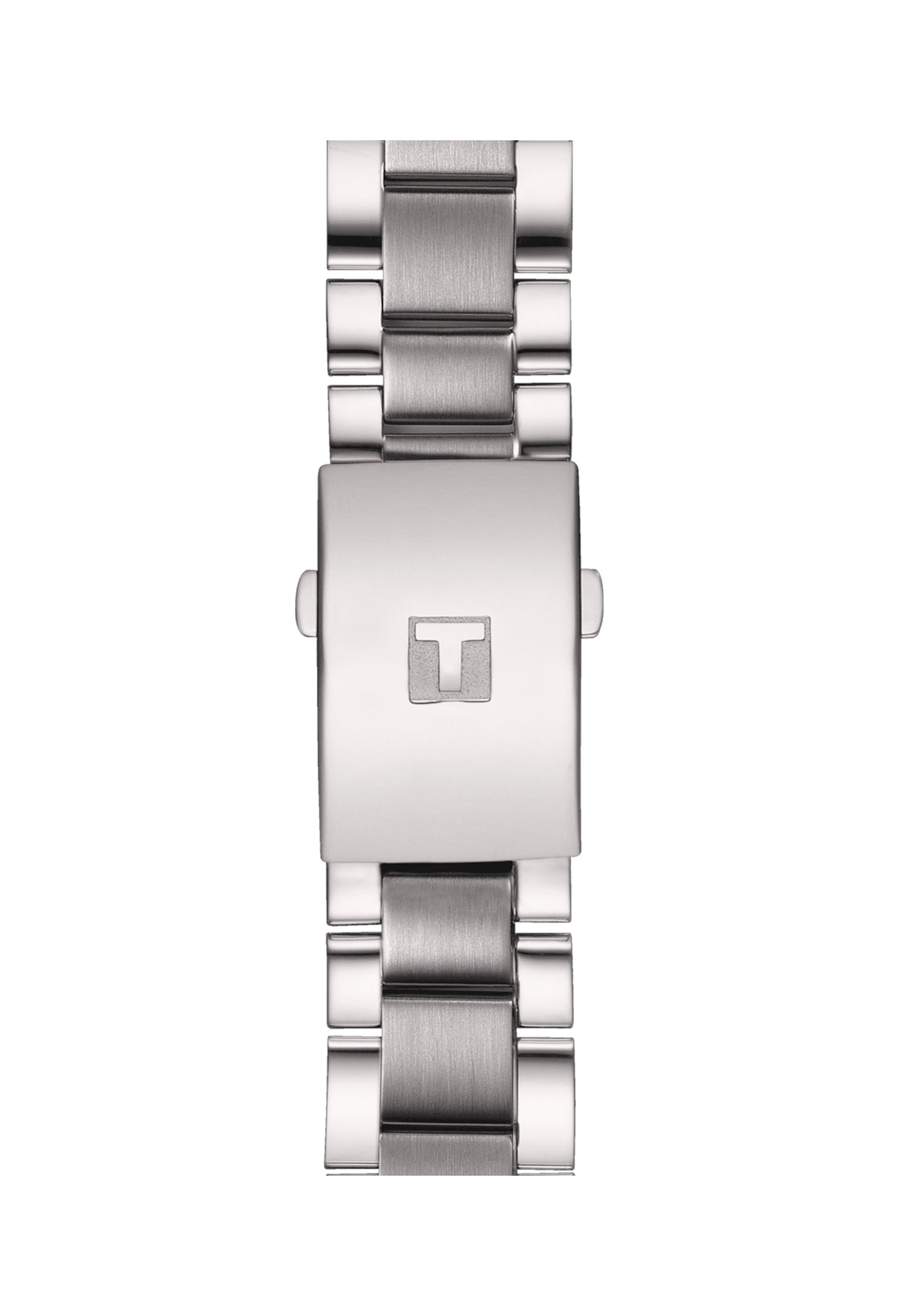 Close-up of the Tissot Chrono XL stainless steel bracelet and clasp, showcasing its design and attachment mechanism.