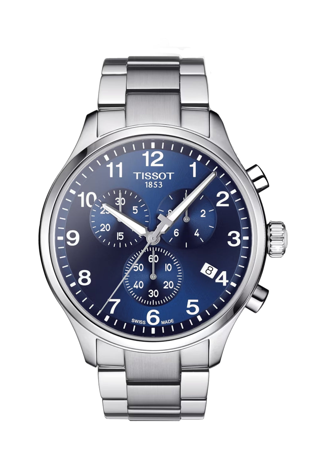 Close-up of the Tissot Chrono XL watch with a blue dial, stainless steel band, and date display; Swiss made quality.